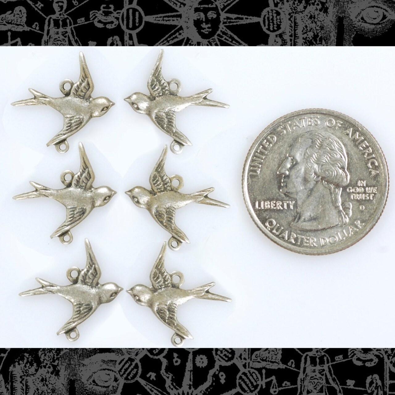 Antiqued Silver Plated Brass Flying Sparrows Two Way Connectors Top and Bottom Rings - Three Sets of Two - S-2C36